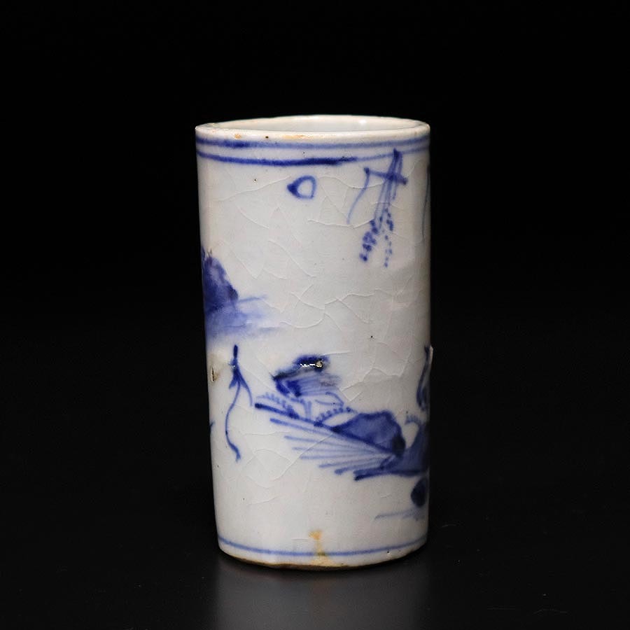 ★いい楽 特別出品★古染付水鳥海老葦文筒盃 明代末 桐箱付 古伊万里 古染付花文中皿5枚 桐箱