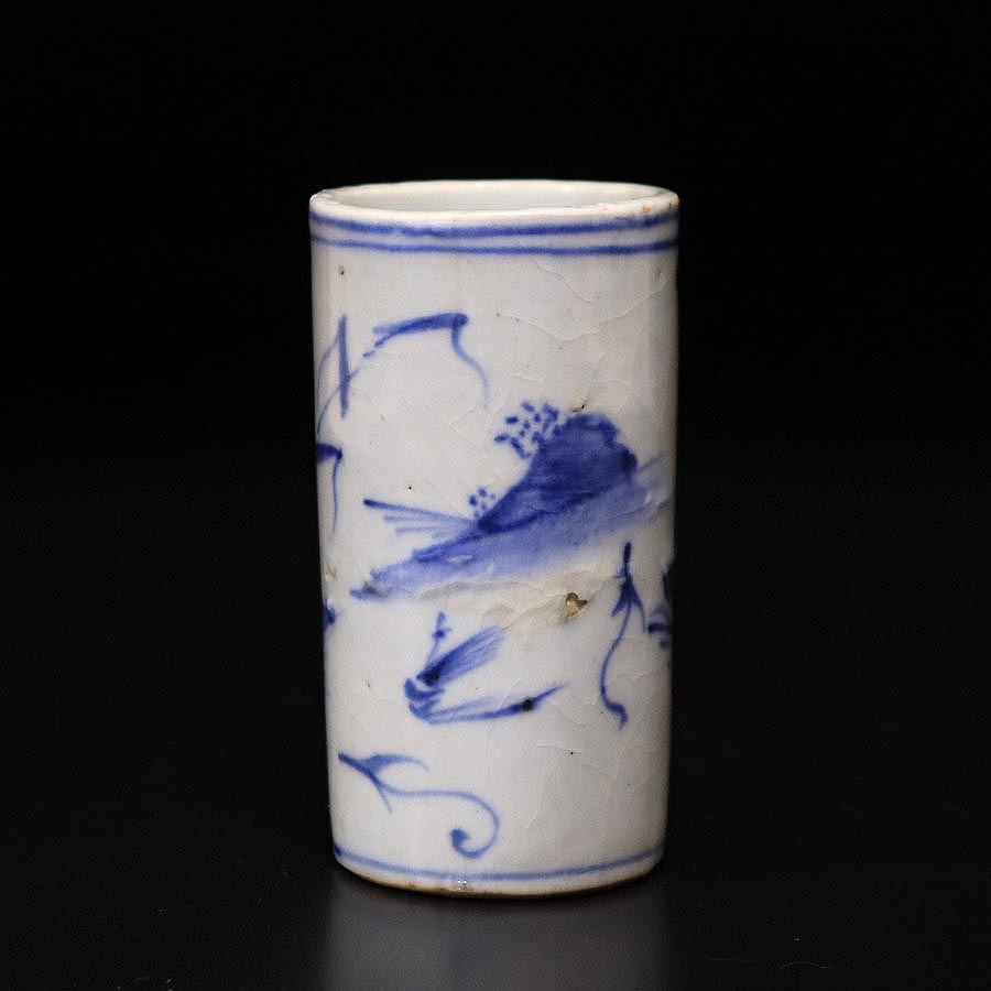 ★いい楽 特別出品★古染付水鳥海老葦文筒盃 明代末 桐箱付 古伊万里 古染付花文中皿5枚 桐箱