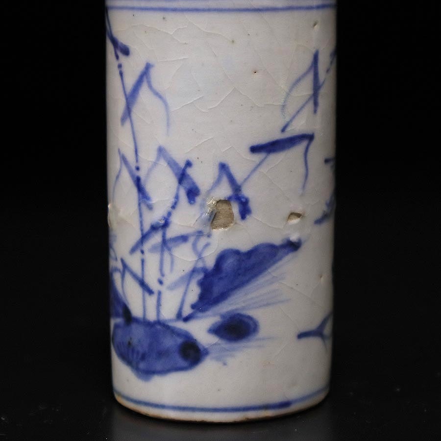 ★いい楽 特別出品★古染付水鳥海老葦文筒盃 明代末 桐箱付 古伊万里 古染付花文中皿5枚 桐箱