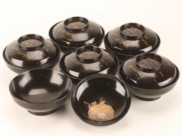 【流】木製漆器 黒塗図替煮物椀六客 DE352