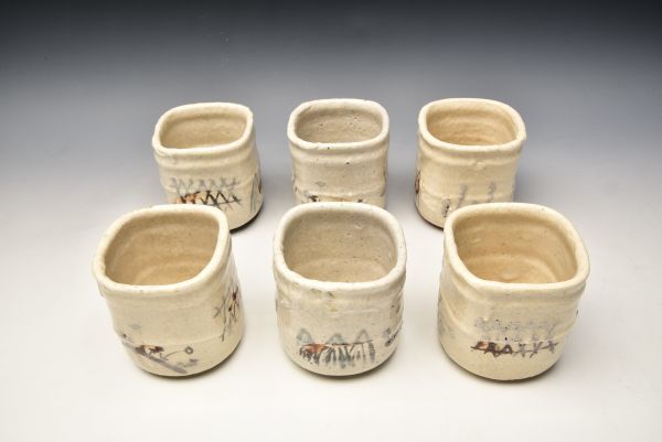魯山人 北大路魯山人 志野 四方 向付 6客 杯 碗 箱 絵志野 18-44