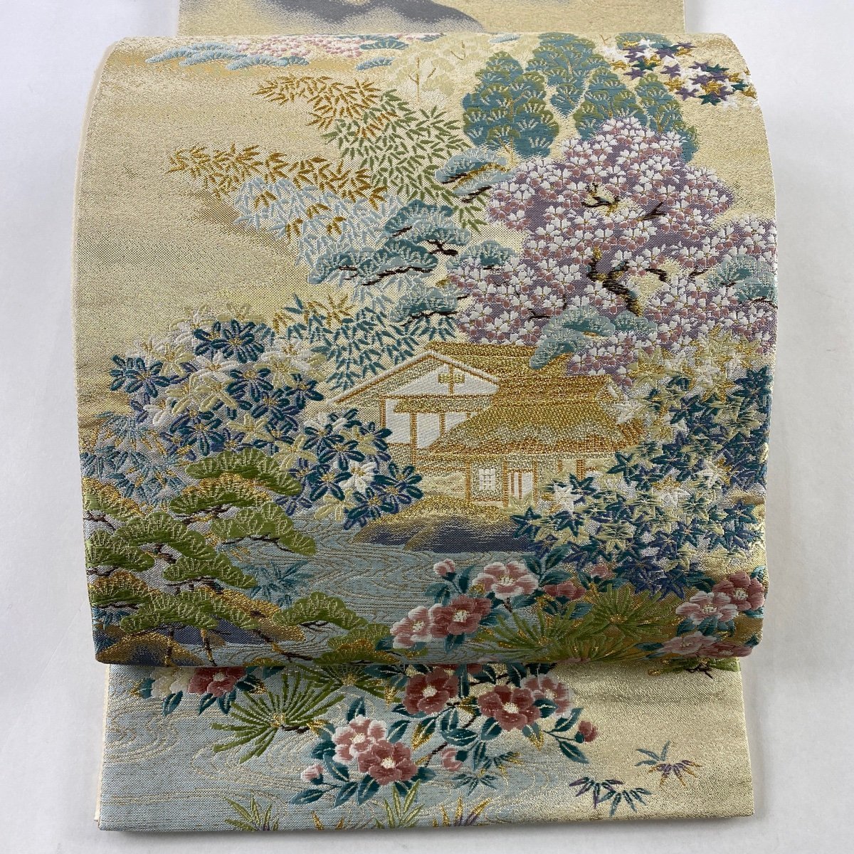 名古屋帯 美品 秀品 八寸名古屋帯 松葉仕立て 桜 月 銀糸 灰色 正絹