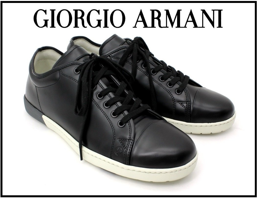 12万新品◆7H=26.5cm◆GIORGIO ARMANI アルマーニ ブラックカーフレザースニーカー1円