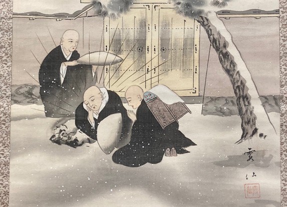 【掛軸】霞仙在銘 「僧侶図」 絹本 検)曹洞宗 /仏画/仏教美術/密教 /宗教画/永平寺/霊場/比叡山/弘法大師/掛軸/修行/托鉢/雪景