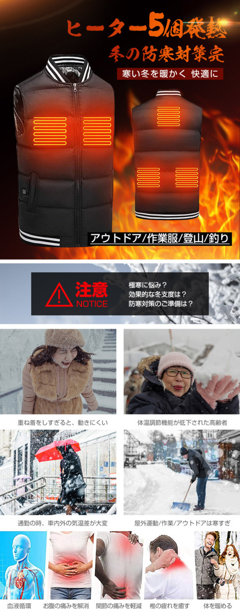 1円~電熱ベスト 電熱ウエア ヒーターベスト 3段温度調整 5つヒーター USB給電式 防水 暖かい 男女兼用 水洗い可能 防寒 作業服 アウトドア_2