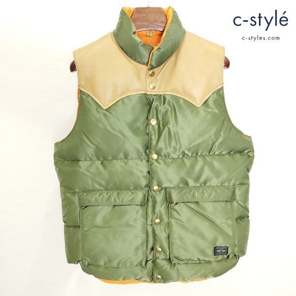 E623b [秋冬][コラボ] Rocky Mountain Featherbed × BEAMS × PORTER ダウンベスト 38 オリーブ 日本製 ビームス ポーター | アウター R