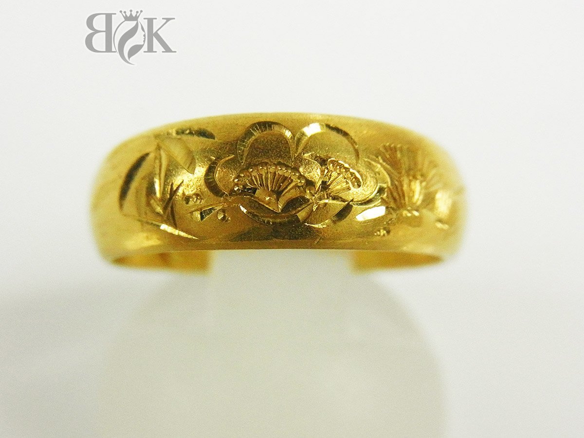 K24 純金 彫刻入り リング指輪 約7.5g 現状約15号 ある程度フリー 最大幅6.7mm イエローゴールド 超音波洗浄済み 中古品 ♪