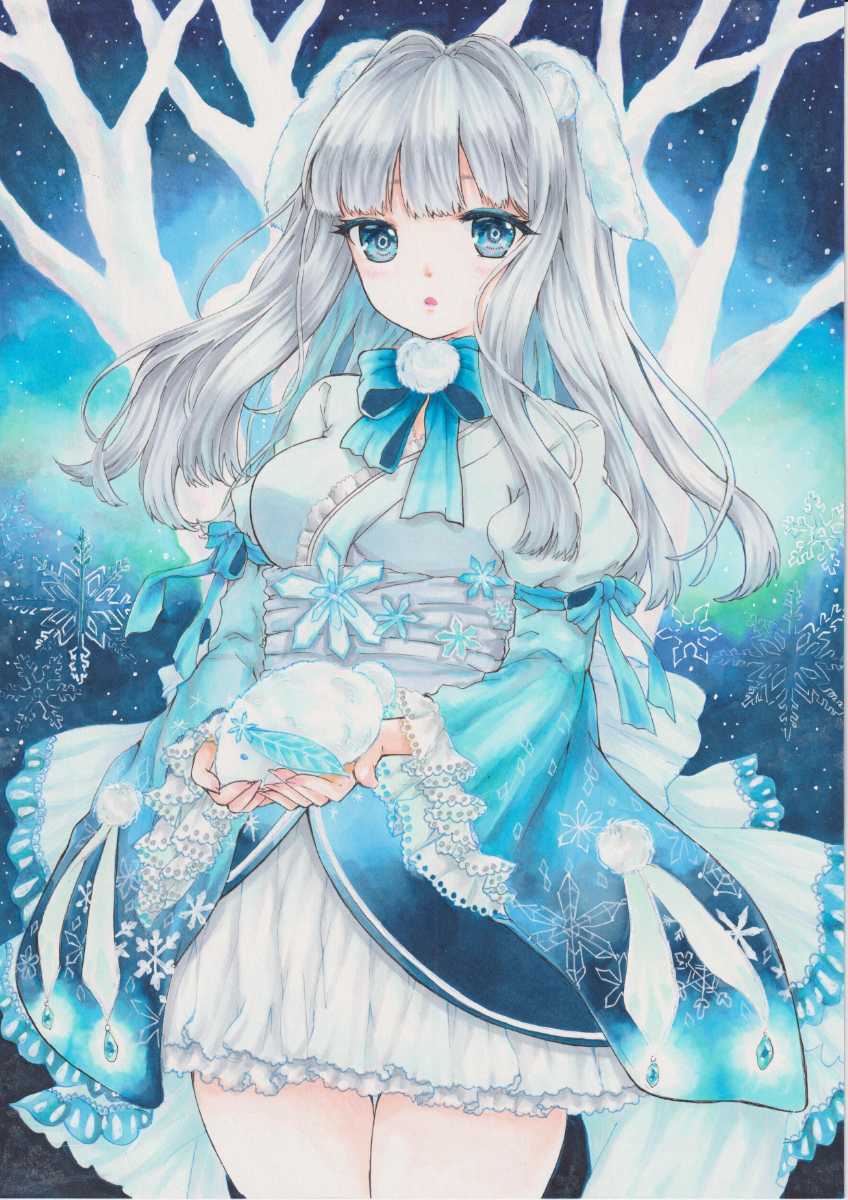 オリジナル手描きイラスト 女の子 うさぎ 雪 青 和服 干支 白 フリル