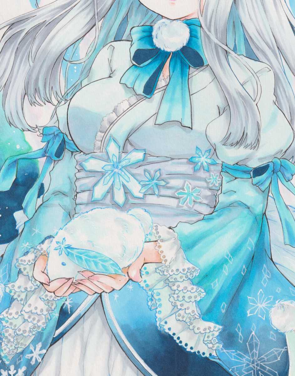 オリジナル手描きイラスト 女の子 うさぎ 雪 青 和服 干支 白 フリル