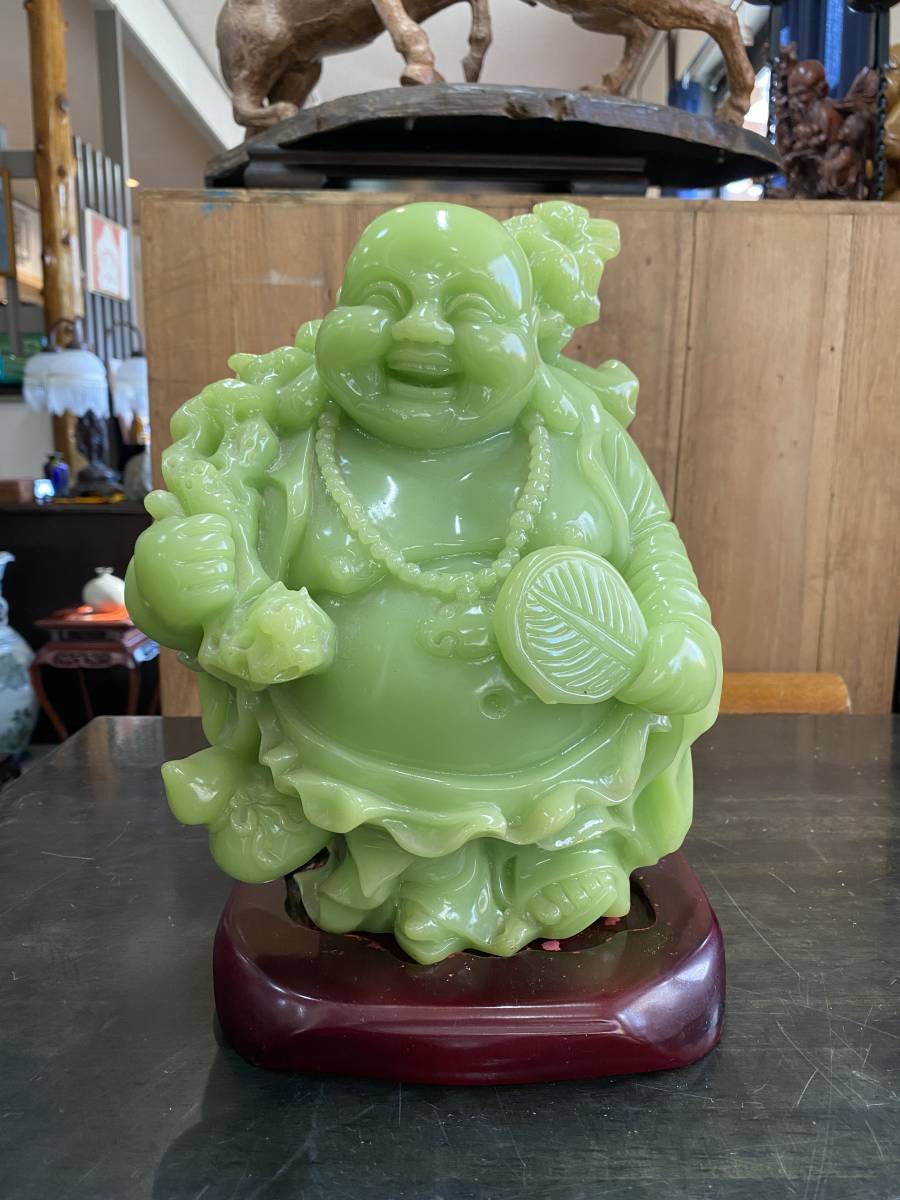 布袋様 ヒスイ 翡翠？ 石像 台座付 石製台座？ 七福神 置物 翡翠