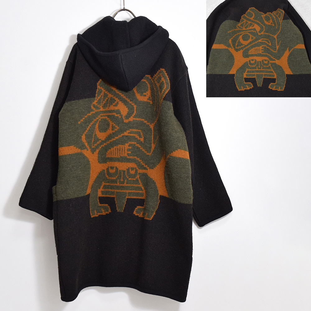 希少 90s カナダ製 ロングハウス LONGHOUSE ハイダ族 先住民 魔除け トーテムポール ウール100％ フード付き ニットコート ネイティブ