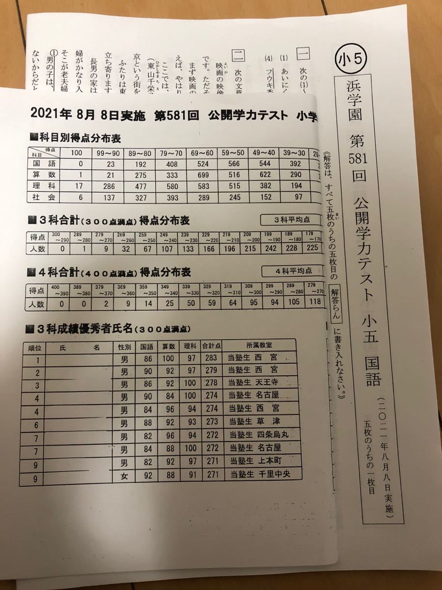 浜学園　小5 公開学力テスト　4科目　2022年度　2021年 2年分 浜学園 小5 最新版2022＆2021年度 4科目 公開学力テスト☆成績資料