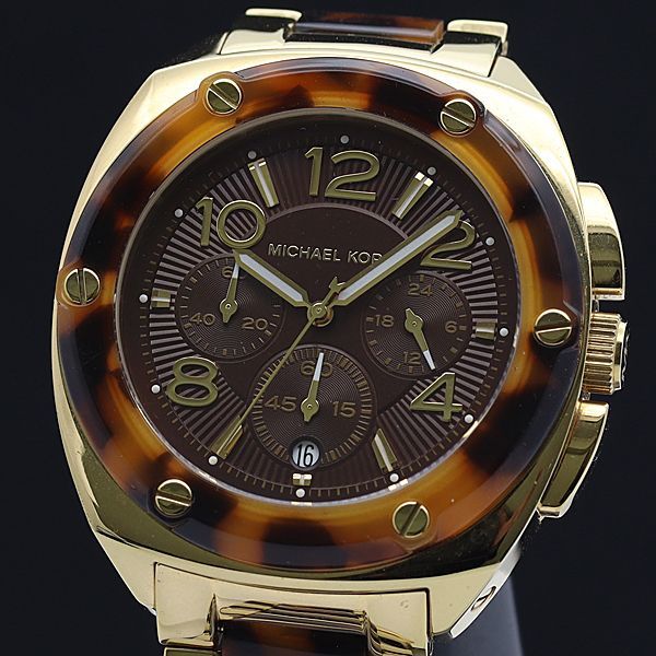 1円 箱/コマ4付 マイケルコース QZ MK-5593 ブラウン文字盤 クロノグラフ デイト メンズ腕時計 XYZ2482000★