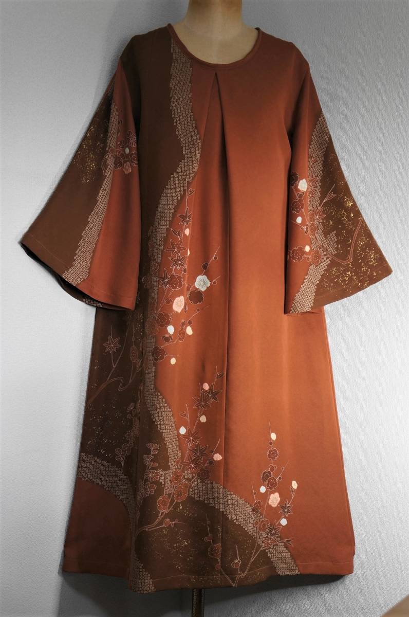 着物リメイク★ワンピース★花柄★栗梅色系柄