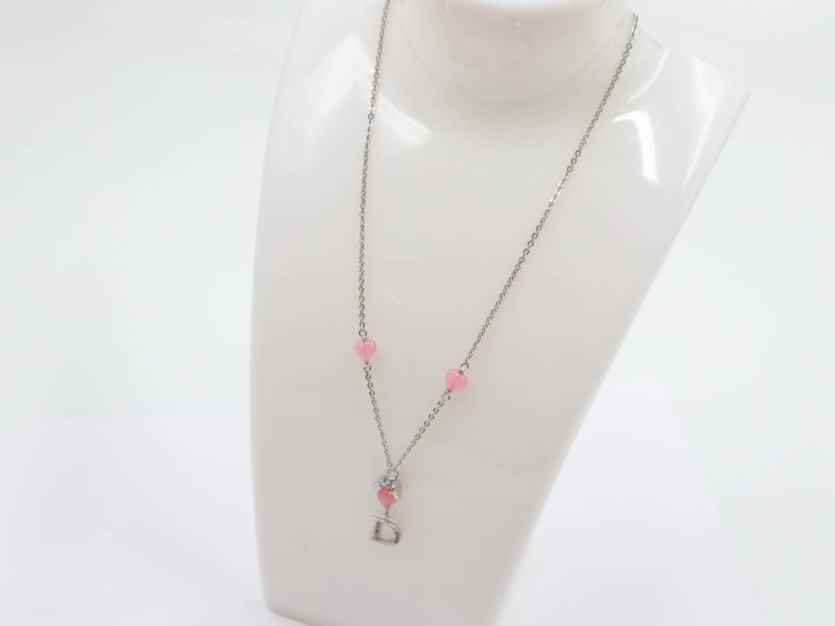 【美品】ディオール ネックレス ロゴ ラインストーン ピンク シルバー 箱付き ☆Christian Dior ディオール Dロゴ ラインストーン ネックレス