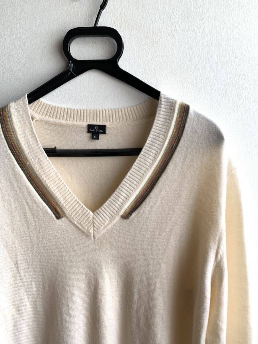 【美品】Paul Smith 長袖ニット メンズ XLサイズ マルチストライプ Vネック オフホワイト 白 羊毛100% ポール スミス 