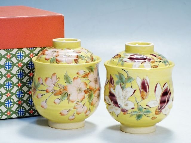 京焼 清水焼 陶あん 蘭絵皿 22cm 2枚セット 未使用 箱付き K01147【京焼 清水焼 花山水紀 絵付】桜 花 絵付 蒸茶碗 二客 蓋物 蓋