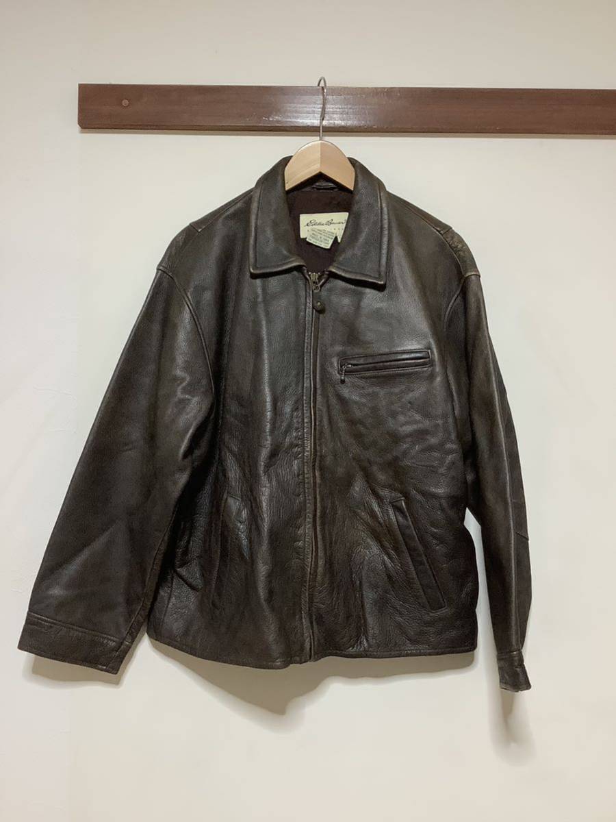 り1002 Eddie Bauer エディーバウアー レザージャケット シングルライダース L レディース ダークブラウン 牛革 大きいサイズ