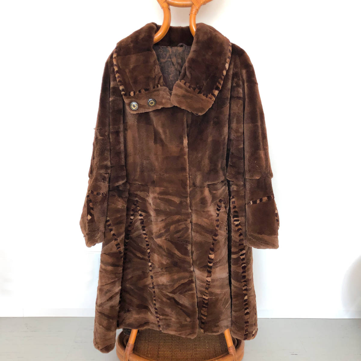 神104-153★ シェアード ミンク 毛皮 デザインコート 着丈約103cm レディース 裏地総柄 ブラウン 秋冬 婦人服