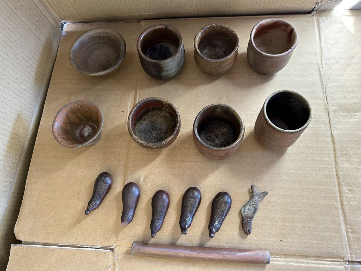 備前焼 小物　コップ　湯呑み　箸置き　棒　まとめて
