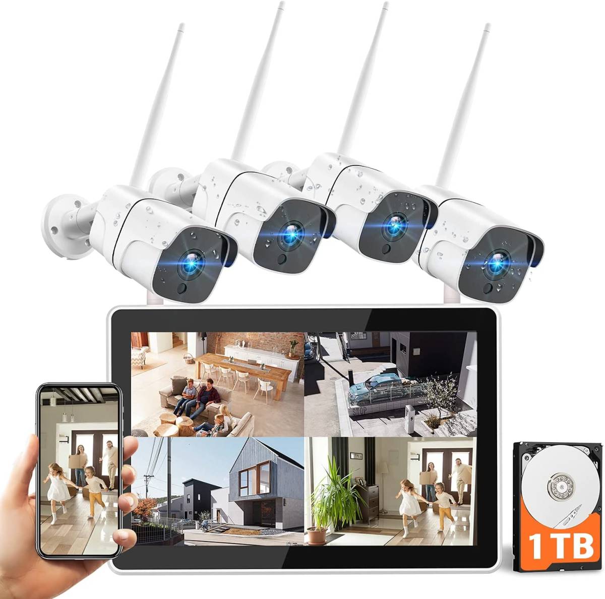 【最新WI-FI強化版+12インチモニター付き】防犯カメラ 4台 防犯カメラセット ワイヤレス NVR AI人体検知 8ch-NVR 増設自由 _1