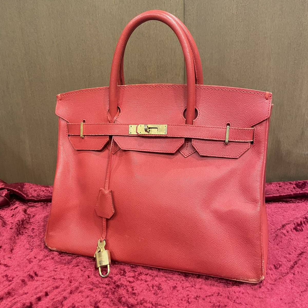 1000円〜 イタリア製 HIGH CLASS ハイクラス フロント金具 レザー 本革 ハンドバッグ レッド 赤