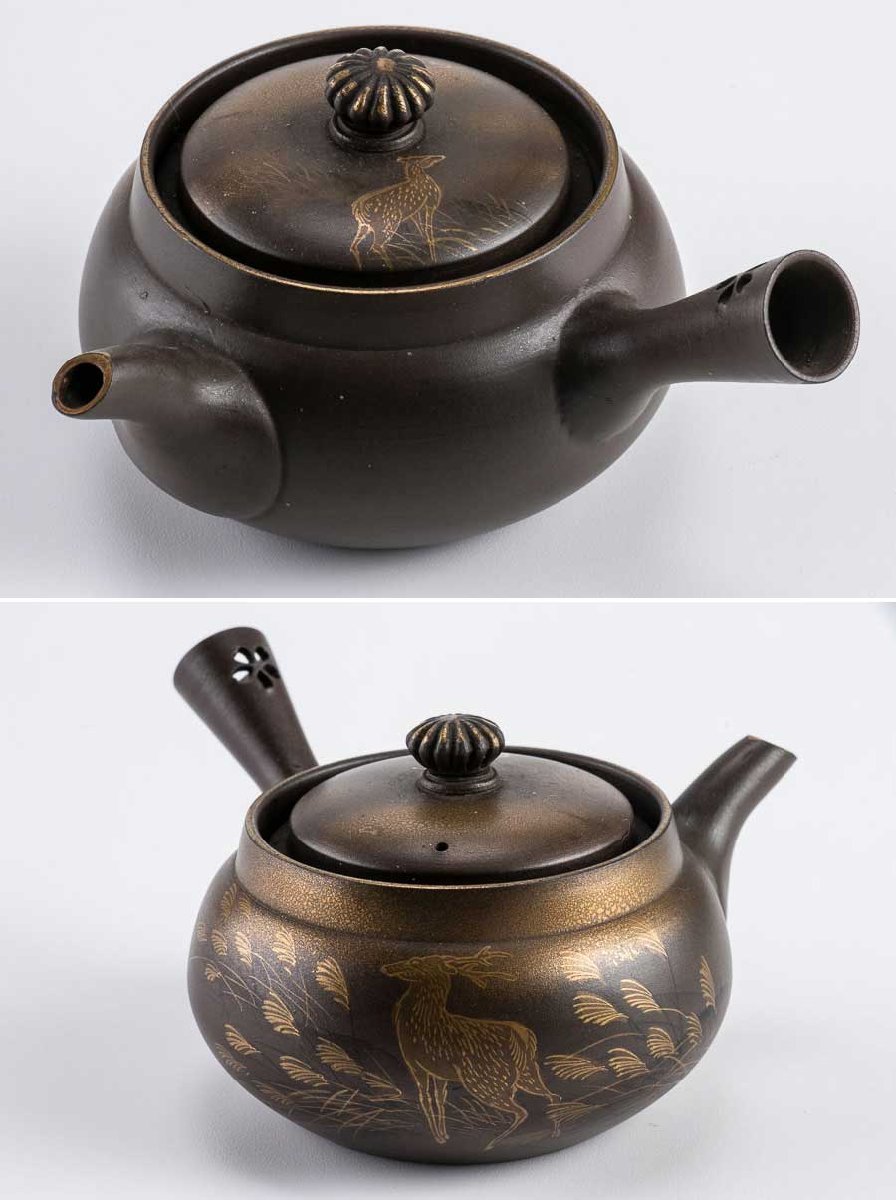 | 京焼 淡彩唐子横手急須 【煎茶道具】『 光楽 金彩鹿芒急須 14452 』 唐物 古玩 陶印 中国陶器 磁器 焼物 陶芸 時代物 茶器 金彩 中国古玩 アンティーク 骨董