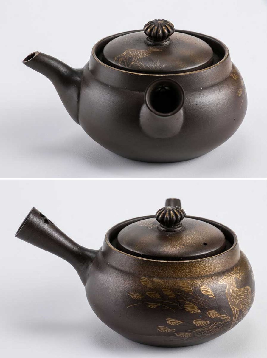 | 京焼 淡彩唐子横手急須 【煎茶道具】『 光楽 金彩鹿芒急須 14452 』 唐物 古玩 陶印 中国陶器 磁器 焼物 陶芸 時代物 茶器 金彩 中国古玩 アンティーク 骨董