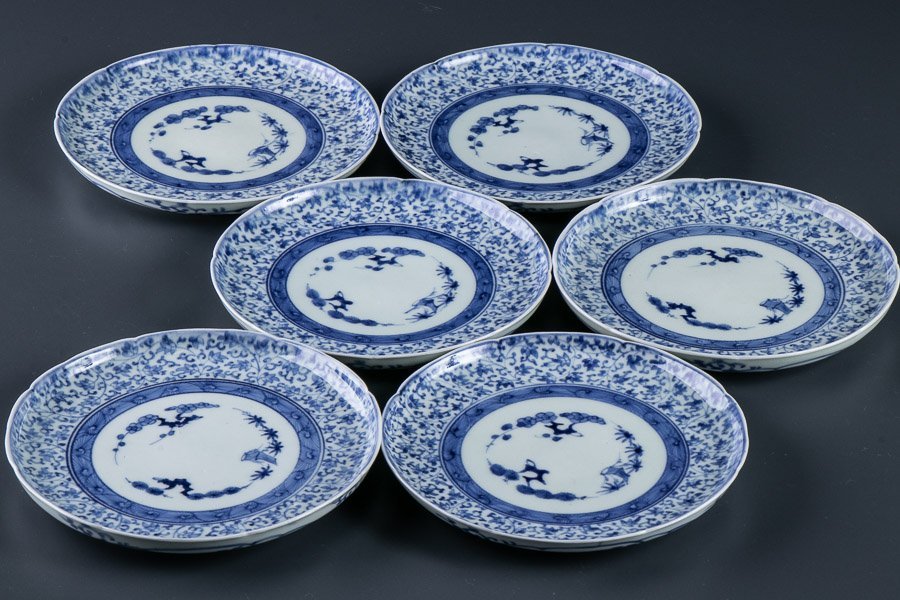 古伊万里】『 染付花唐草文六寸皿 6客 13124 』 中皿 和食器 料亭 懐石