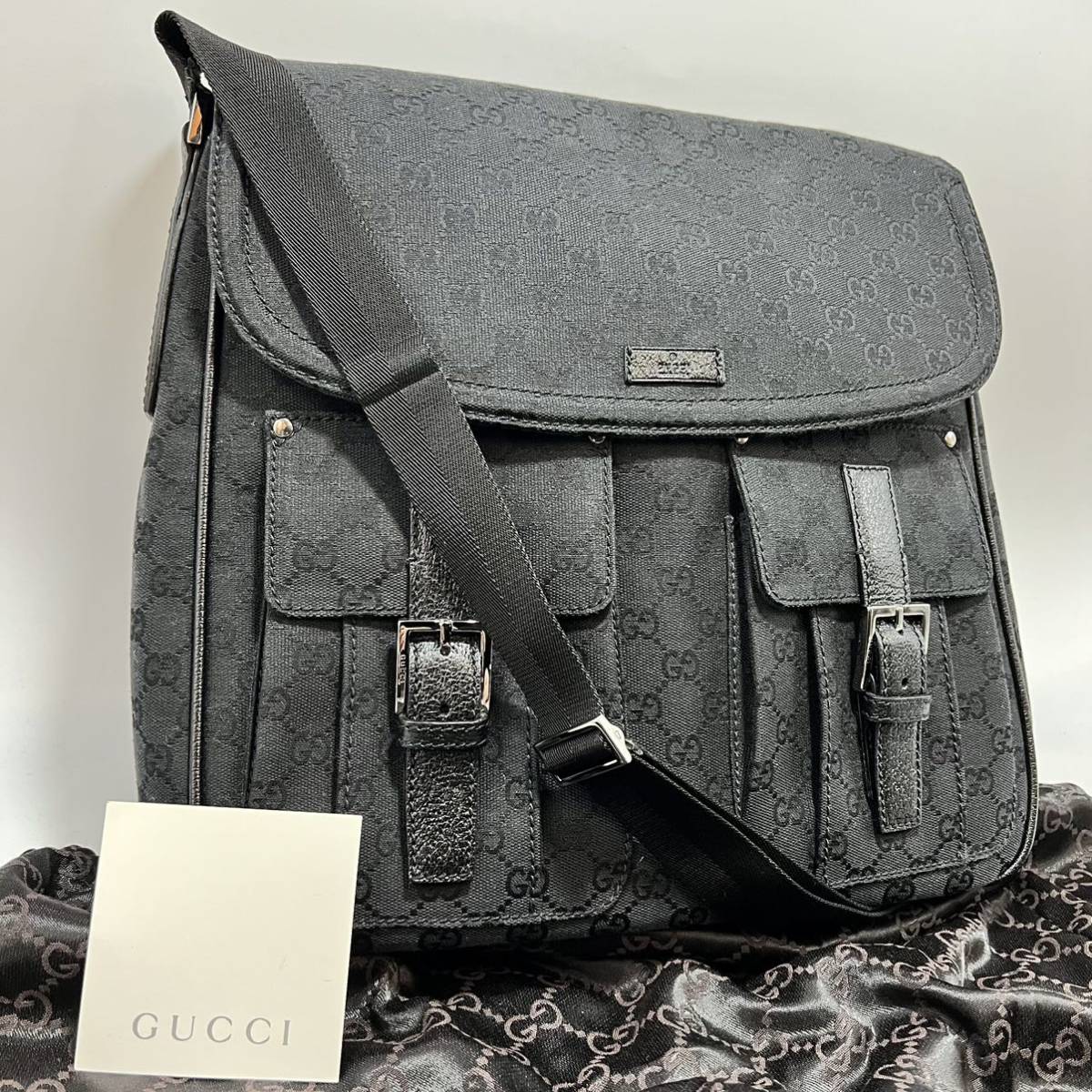 グッチ GUCCI ショルダーバッグ 449184 GG柄 ナイロン×レザー 黒 