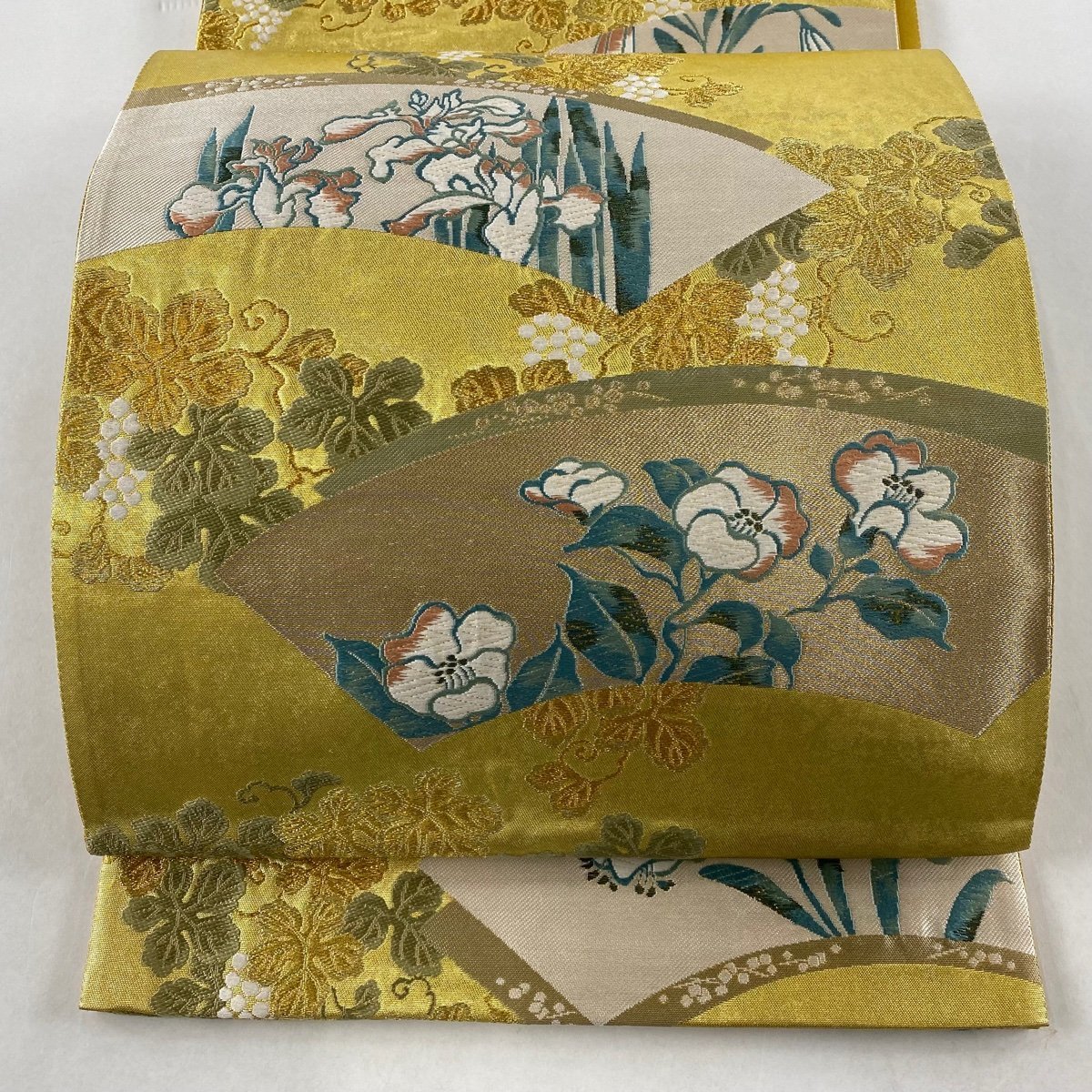 袋帯 秀品 琳派礼讃 扇面 草花 金糸 箔 金色 六通 正絹 【中古】