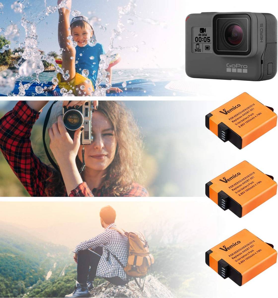 Vemico gopro バッテリー ゴープロHero 7 ブラック/Hero 6/Hero 5 対応 USB充電器付き Type Vemico Hero : 6&frasl;Hero 0 充電器セット