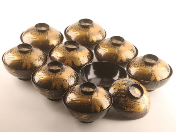 流】木製漆器 大根蕪蒔絵吸物椀九客 箱付 DE635 作家在銘 流】木製漆器 大根蕪蒔絵吸物椀九客 箱付 DE635 作家在銘