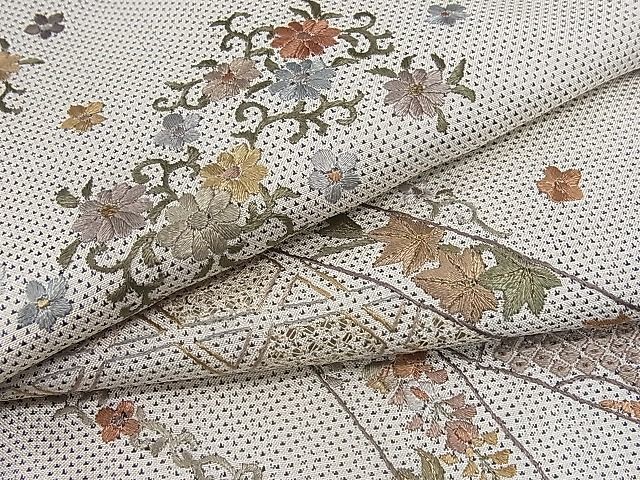 平和屋着物■訪問着　本場大島紬　白大島　総刺繍　鬘帯吉祥花文　逸品　fb4098