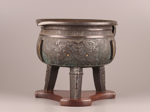 【大人気，品質保証】 古美術 煎茶道具 古銅造 饕餮紋 金象嵌 瓶掛 火鉢 在印 時代物 極上品 初だし品 7848