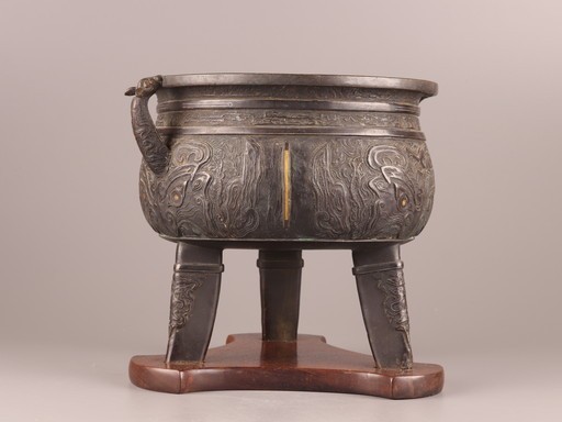 【大人気，品質保証】 古美術 煎茶道具 古銅造 饕餮紋 金象嵌 瓶掛 火鉢 在印 時代物 極上品 初だし品 7848