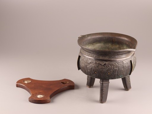 【大人気，品質保証】 古美術 煎茶道具 古銅造 饕餮紋 金象嵌 瓶掛 火鉢 在印 時代物 極上品 初だし品 7848