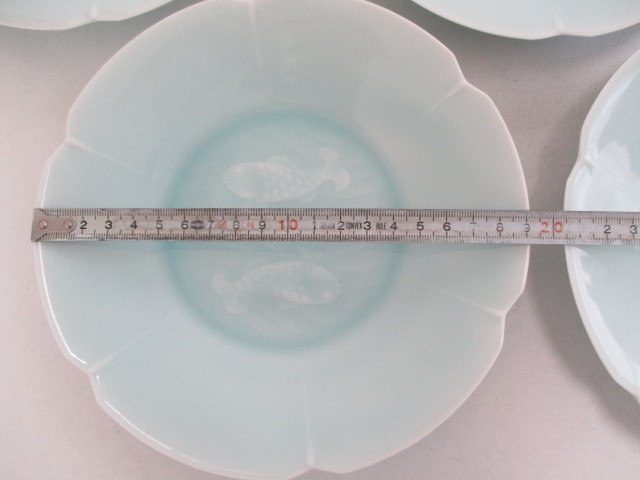 快山窯 青白磁 双魚6.5寸皿 19.2cm 5枚 / 輪花