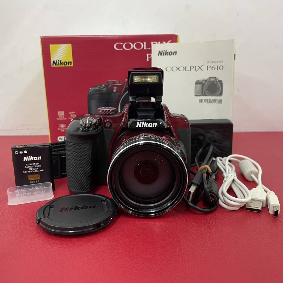 ★B Nikon COOLPIX P610 デジタルカメラ レッド 赤 動作品 シャッター、フラッシュOK 元箱 バッテリー 充電器 ケーブル 説明書付 ニコン