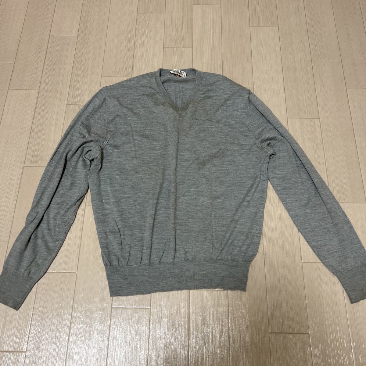 HERMES エルメス カシミア×シルク ニットVネックセーター グレー L