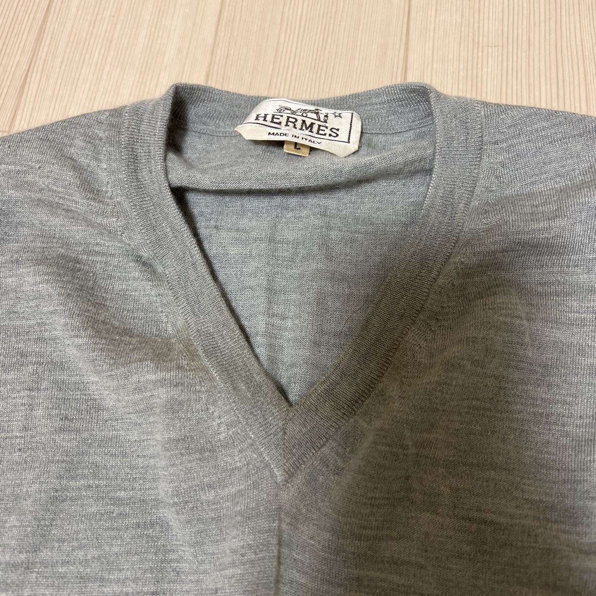 HERMES エルメス カシミア×シルク ニットVネックセーター グレー L