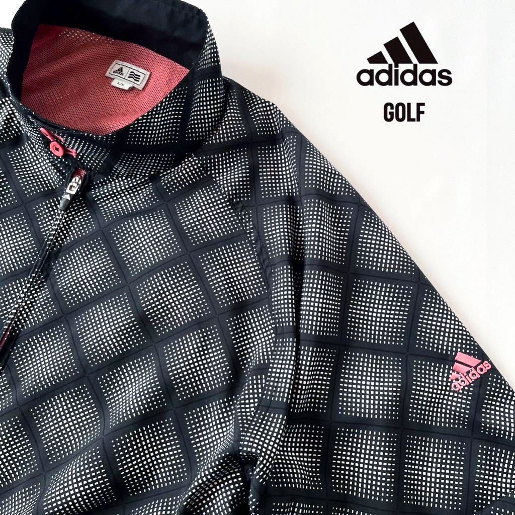 《美品》アディダス ゴルフ adidas ダブルジップ ジャケット 裏地メッシュ L ブラック x ホワイト x ピンク 防風 撥水 ウィンドジャケット