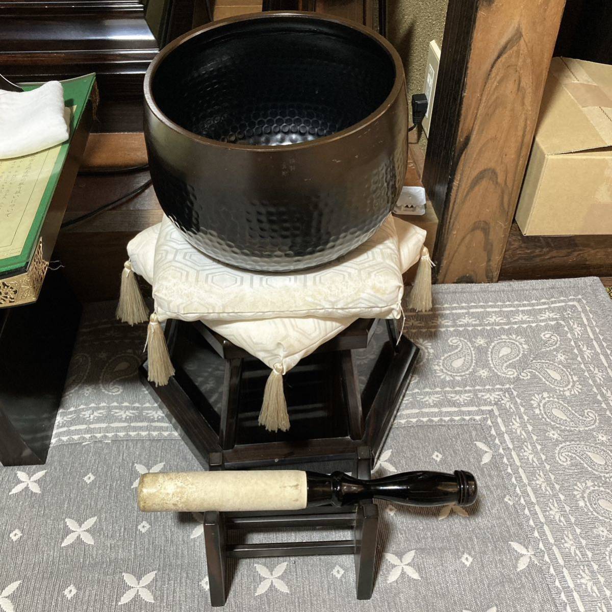 特大 りん棒 長さ 約31cm りん棒置き 台 セット 木製 焦茶 仏壇 仏具 