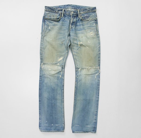 HYSTERIC GLAMOUR ◆クラッシュ&リペア ストレート デニムパンツ インディゴ W32 赤耳 ジーンズ ヒステリックグラマー ヒスグラ ◆10/G023