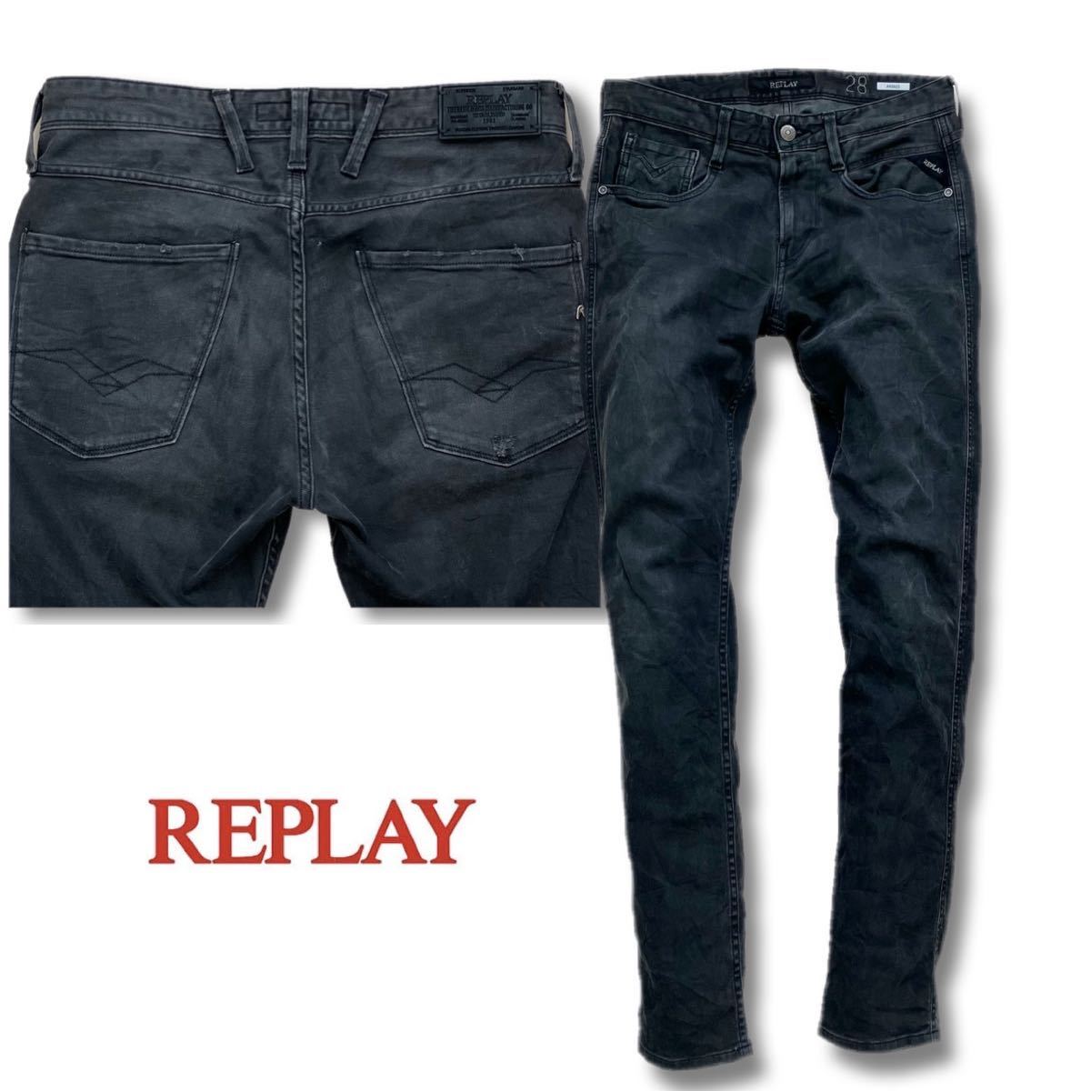 送料無料 REPLAY リプレイ デニムパンツ ダメージ加工 ストレッチ スリム ANBASS ブラック W28×L32 ウエスト78