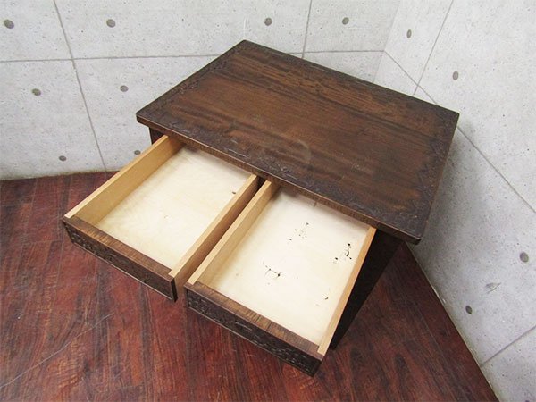 伝統工芸 軽井沢彫り 栃 無垢材 桜彫刻 センターテーブル/ローテーブル □軽井沢彫□最高級□栃材□桜模様□伝統工芸□手彫り/彫刻□引き出し