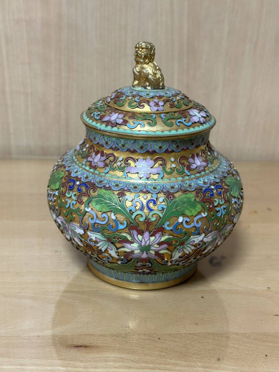 中国 古 董 七宝 七宝焼 古玩 獅子摘 銅金 時代物 物入 茶入 お香