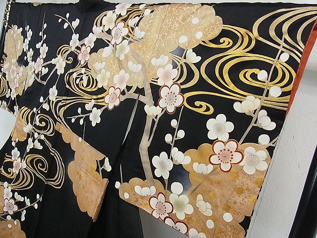 花美人□訪問着 駒刺繍 枝梅 観世水 黒地 金彩 逸品 eee1980 金彩
