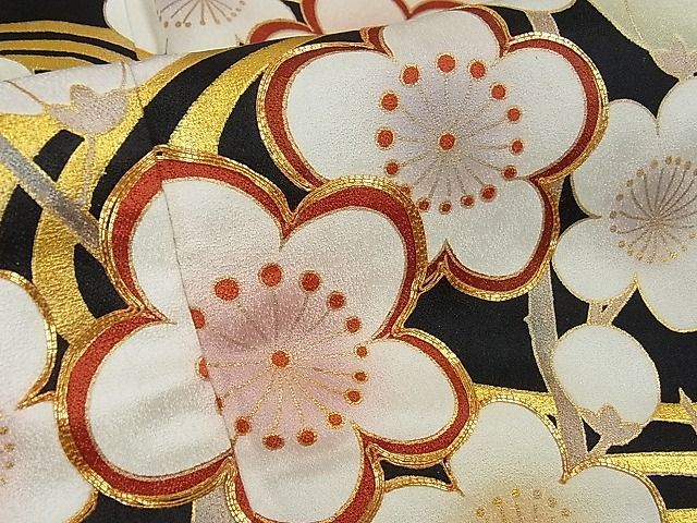 花美人□訪問着 駒刺繍 枝梅 観世水 黒地 金彩 逸品 eee1980 金彩