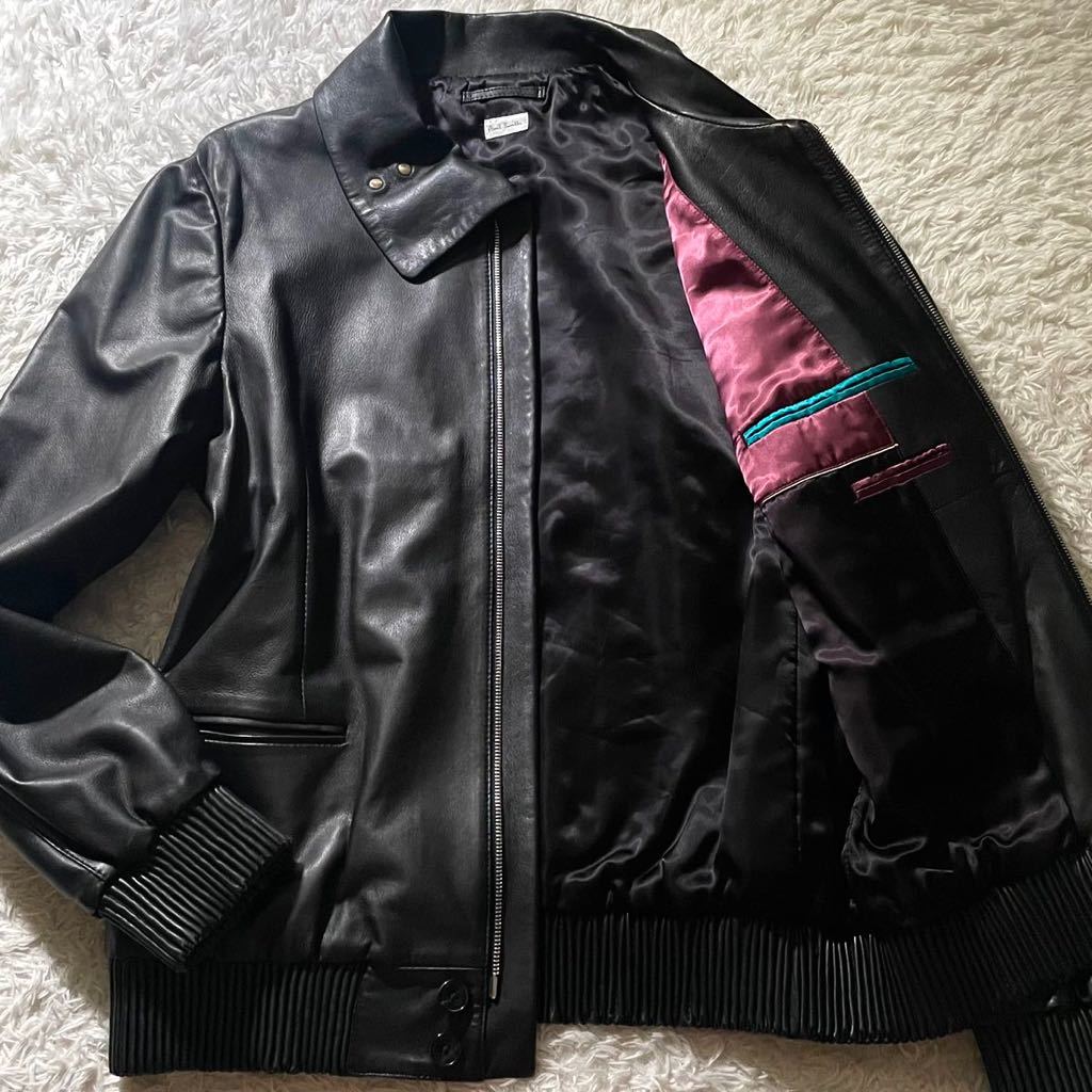 未使用級/XLサイズ●ポールスミス ラムレザージャケット ブルゾン ライダース Paul Smith シングル 黒 ブラック 羊革 大きいサイズ
